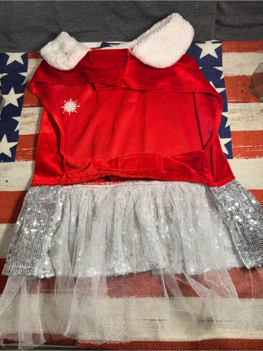 Festive Red Velvet Dog Dress with Silver Sequin Skirt